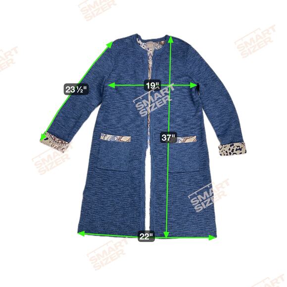 Chico's Heathered Blue Long Cardigan Leopard & Paisley Trim Chico's Size 1 (M/8) - Picture 6 of 14